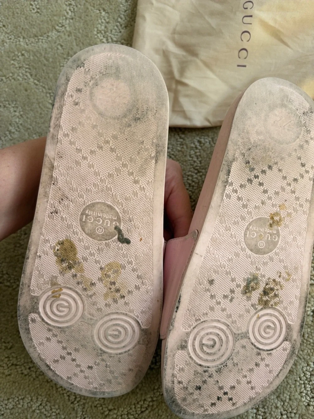 Gucci Light Pink Slides with Red Logo Emblem
